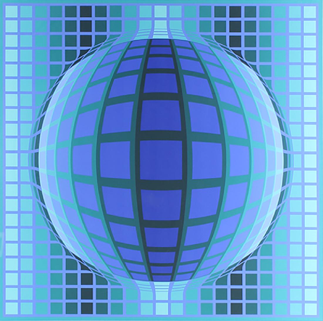 Victor Vasarely (1906-1997) Hungarian: BLUE GLOBE, color screenprint, signed in pencil, numbered 257/300, image 26 ½ x 26 ½”, full margins, framed with glass, small soft handling crease upper margin, otherwise in apparently good condit