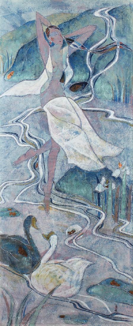 Yamin Young (b. 1959) Chinese: UNTITLED, watercolor, gouache and metal leaf on Japan paper, signed lower right, character marks lower right, 65 ½ x 27 ½”, framed, in apparently good studio condition.