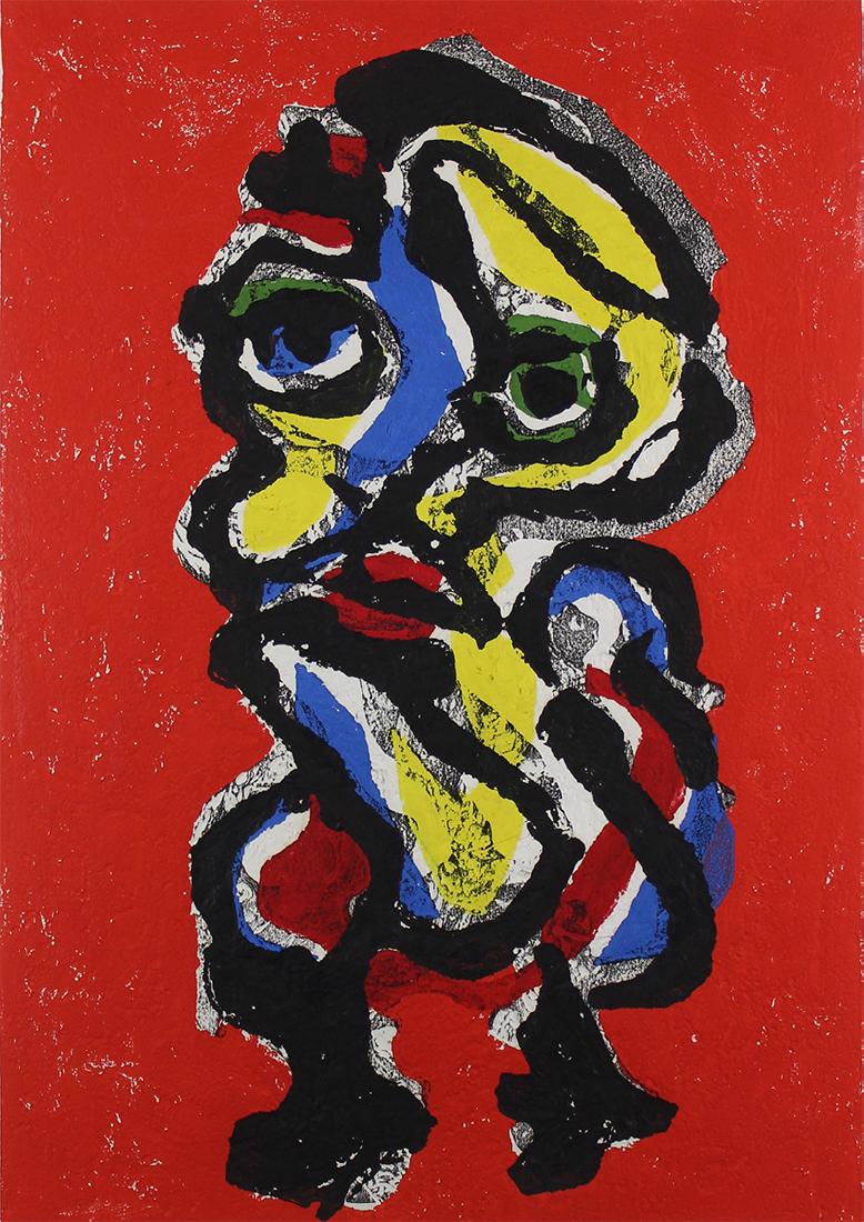 Karel Appel (1921-2006) Dutch: JUENE HOMME, 1973, color carborundum gravure, signed and dated in pencil, numbered 81/99, image 25 ¼ x 17 ¾”, full margins, framed, in apparently good condition a strong impression with fresh colo