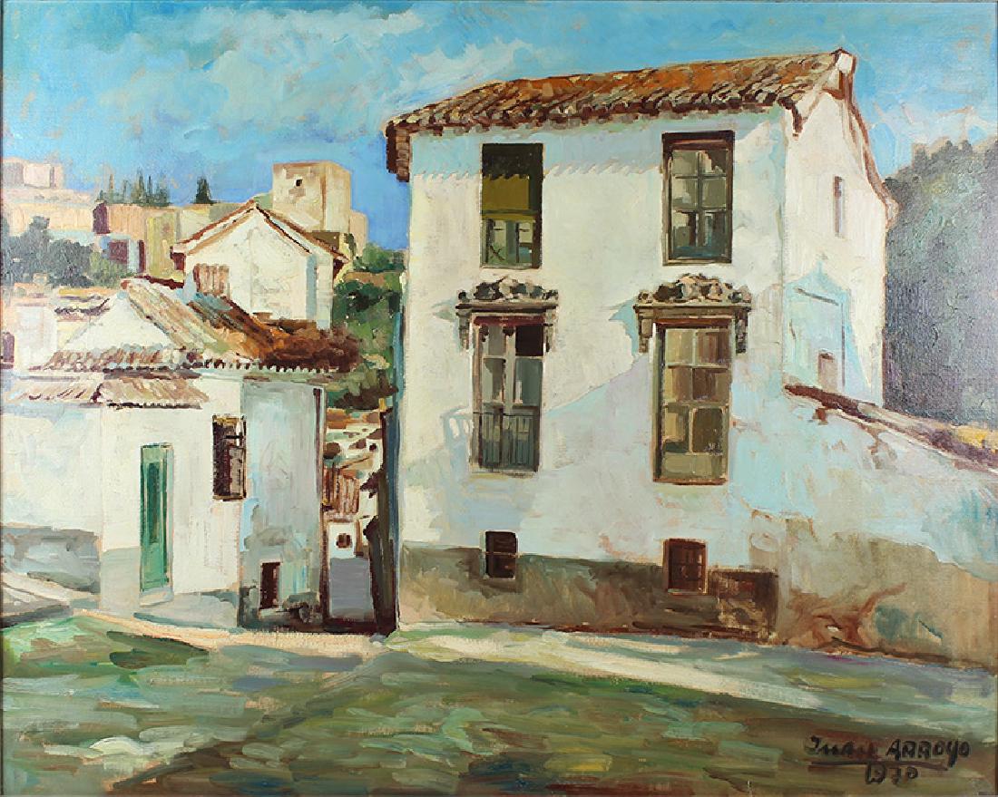 Juan Arroyo (20th Century): STREET SCENE, 1970. oil painting on canvas, signed and dated lower right, 28 ½ x 36”, framed, in good studio condition.