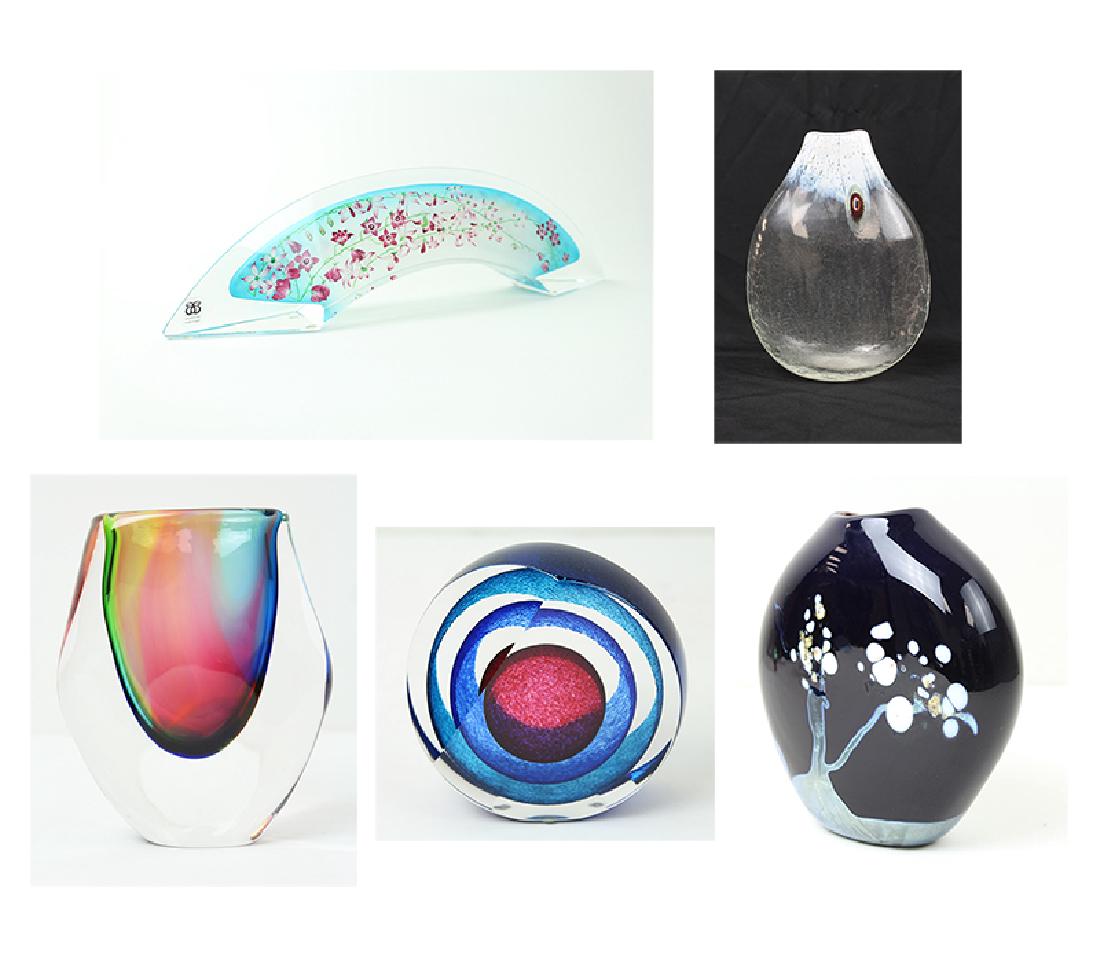 Glass by Various Artisans (five): Archelan Crystal, a painted arch with butterfly design, hallmarked and signed O’ Brenden, numbered 83/700, overall 4 x 15 x 2”, with original case; Timothy Hall crackle glass vase, signed and date