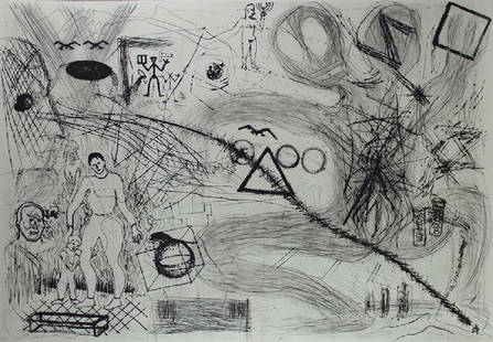 A.R. Penck (b. 1939) German: UNTITLED from the Holy Land Series, etching, signed in pencil, numbered 23/50, plate 25 ¼ x 36 ¾”, sheet 29 ½ x 41 ¾”, framed, some surface dried bug debris in the lower margin, otherwise in a