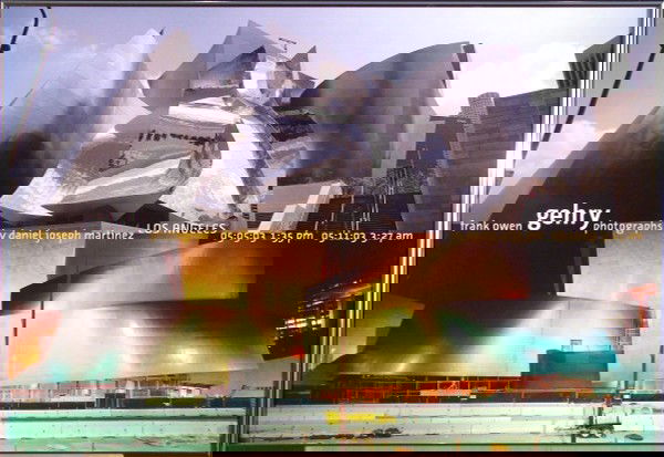 Daniel Joseph Martinez: PHOTOGRAPHS, color exhibition poster of Frank Gehry's Disney Concert Hall, 22 x 32 ½", framed. Condition A Artist: Daniel Joseph Martinez