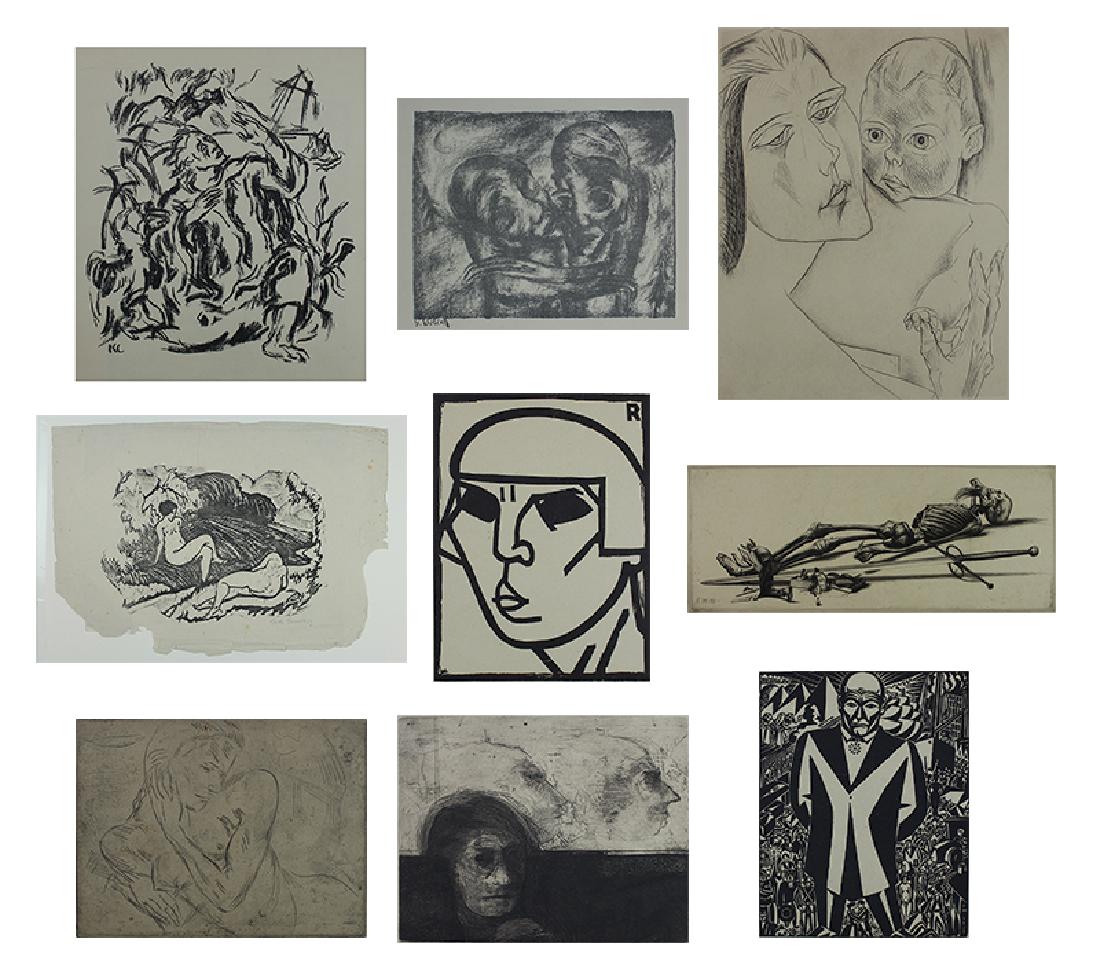 German Expressionists and style prints (nine): Richard Muller UNTITLED (Bone Doctor), 1918, etching, signed in pencil, numbered 31/50, beveled plate 6 ¾ x 16 ½” sheet 11 x 19 ½”; Wilhelm Lehmbrook NUDE WOMAN, etching, inscribed or signed lo