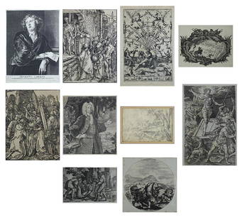 Old Master Collection (thirty-seven): Georg Pencz, Stefano Della Bella, Gerome Wierix, three small engravings, all matted with C. & J. Goodfriend New York stamp on verso of mat; A collection of six small engravings, one inscribed Jonas Um