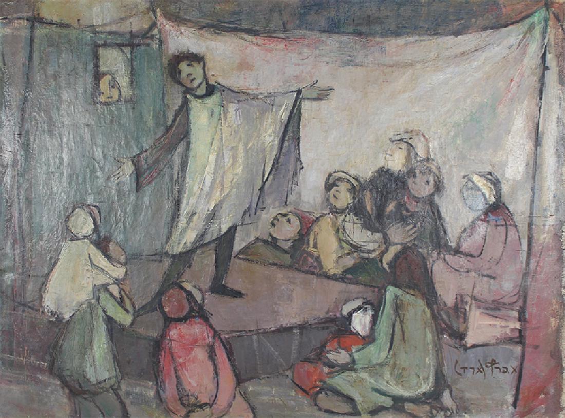 Esther Peretz-Arad (1921-2005) Israeli: THE PERFORMANCE, oil painting on fabric, signed lower right, 28 ½ x 38 ½”, framed, minor surface soiling, otherwise in good studio condition, from the collection of Theodore Bikel.