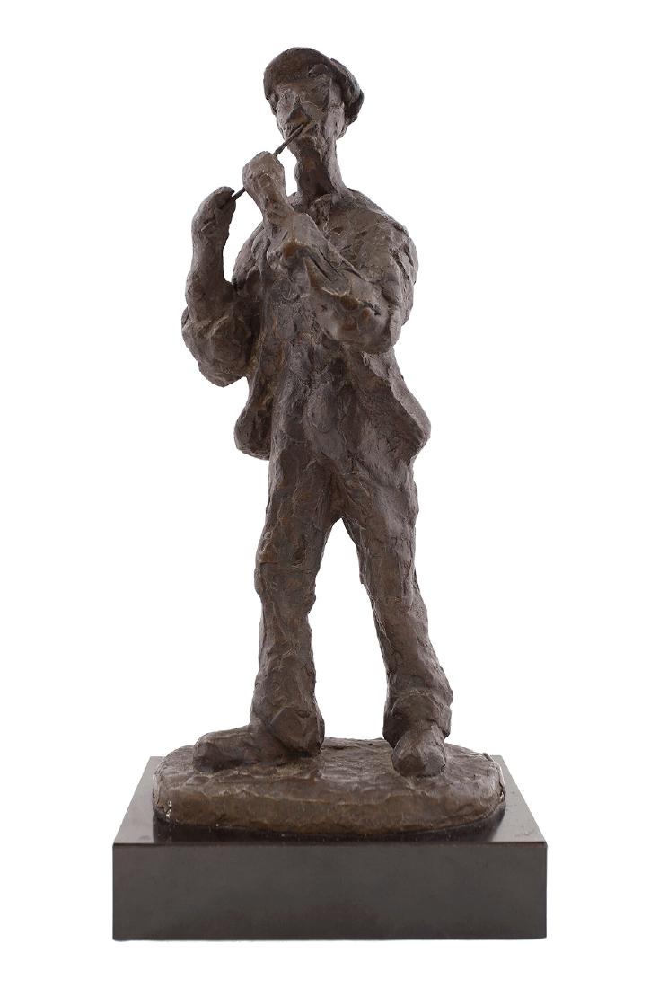 Mattie Berhang (20 th Century) American: THE PIPER, cast bronze sculpture with patina, signed and numbered 1/4, overall 16 ¾ x 7 ¾ x 5 ¼" with stand.