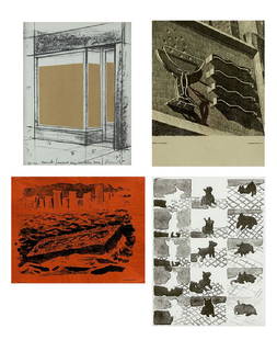 Christo; Robert Cottingham; Robert Arneson; Robert: UNTITLED, four lithographs, one with collage and one in color, all from the editions of 300, printed and published by Landfall Press as holiday gifts from Ethel and Jack Lemon, sheets 11 x 8 ½",