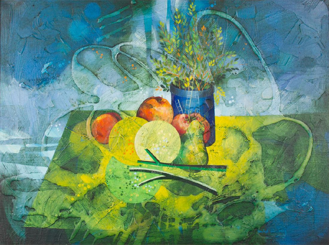 Yankel Ginzburg (b. 1945) American: FRUITS AND LADDERS, oil painting on canvas, signed lower right, 18 x 23 ¾", framed.