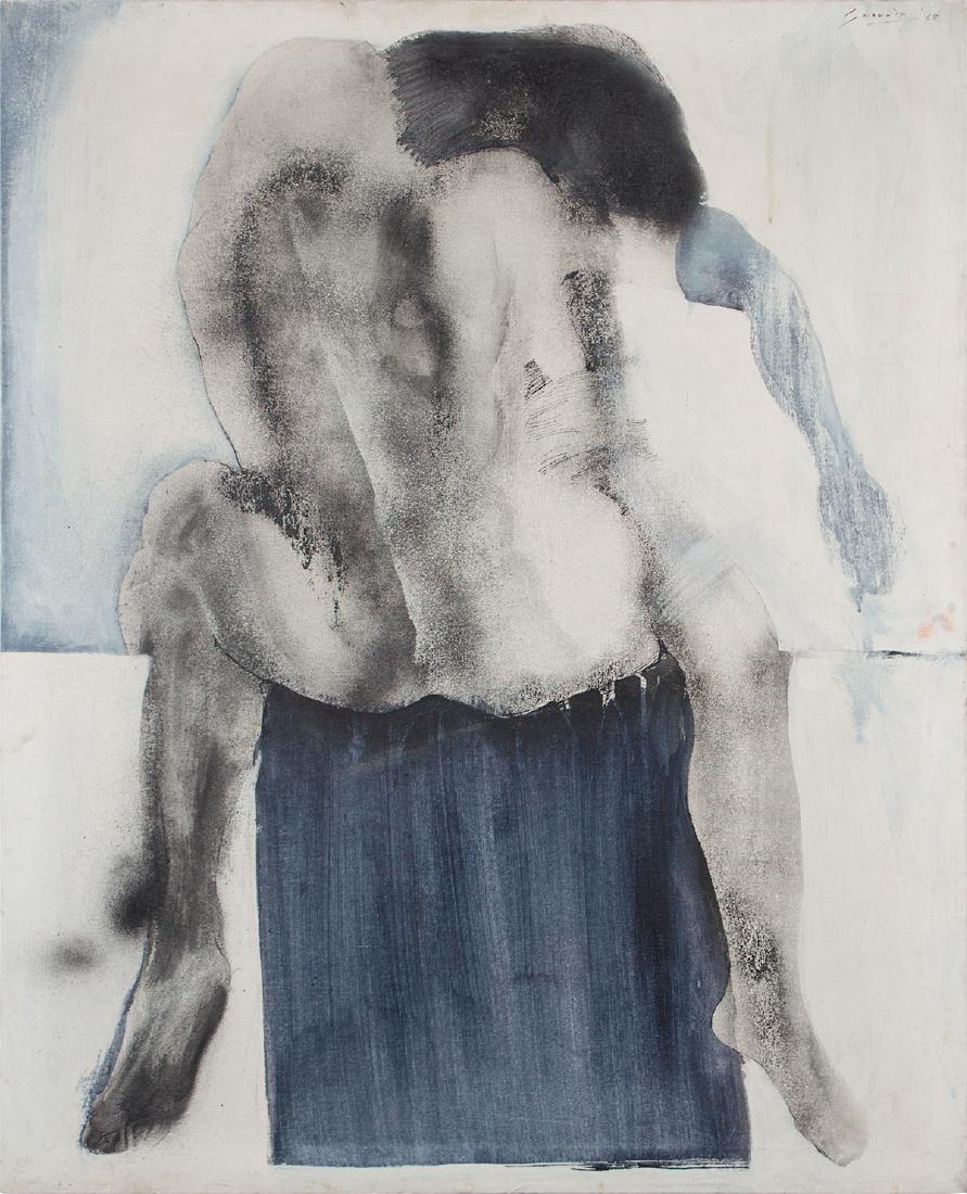 Luis Guevara Moreno (1926-2010) Spanish: SOBRE EL POUF, 1968, oil painting on canvas, signed and dated upper right, signed and dated and titled on verso, Depto. Artes Plasticas label on verso, 39 ¾ x 31 ¼".