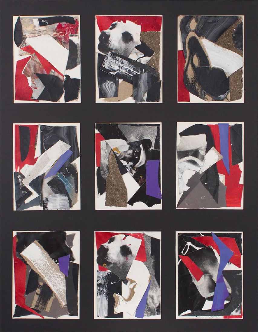 Dario Villalba (b. 1939) Spanish: PERRO Y ROJO I, 1985, multi-panel collage of fabric and paper and other materials on a larger format, signed and dated and titled on verso, overall 41 ½ x 32 ½", framed. Provenance: Charles Cowles N