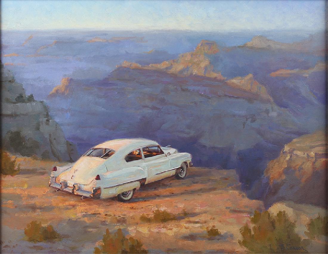 Todd Connor (b. 1964) Montana: GRAND CANYON VIEW, oil painting on canvas, signed lower right, 16 x 20”, framed. Commissioned from the artist by the owner of the car in view.