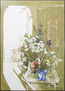 Viola Frey (1933-2004) Californian: STILL LIFE WITH DAISIES AND IRISES, c.1960, oil painting on canvas, signed lower right, 68 x 47 ¾”, framed.