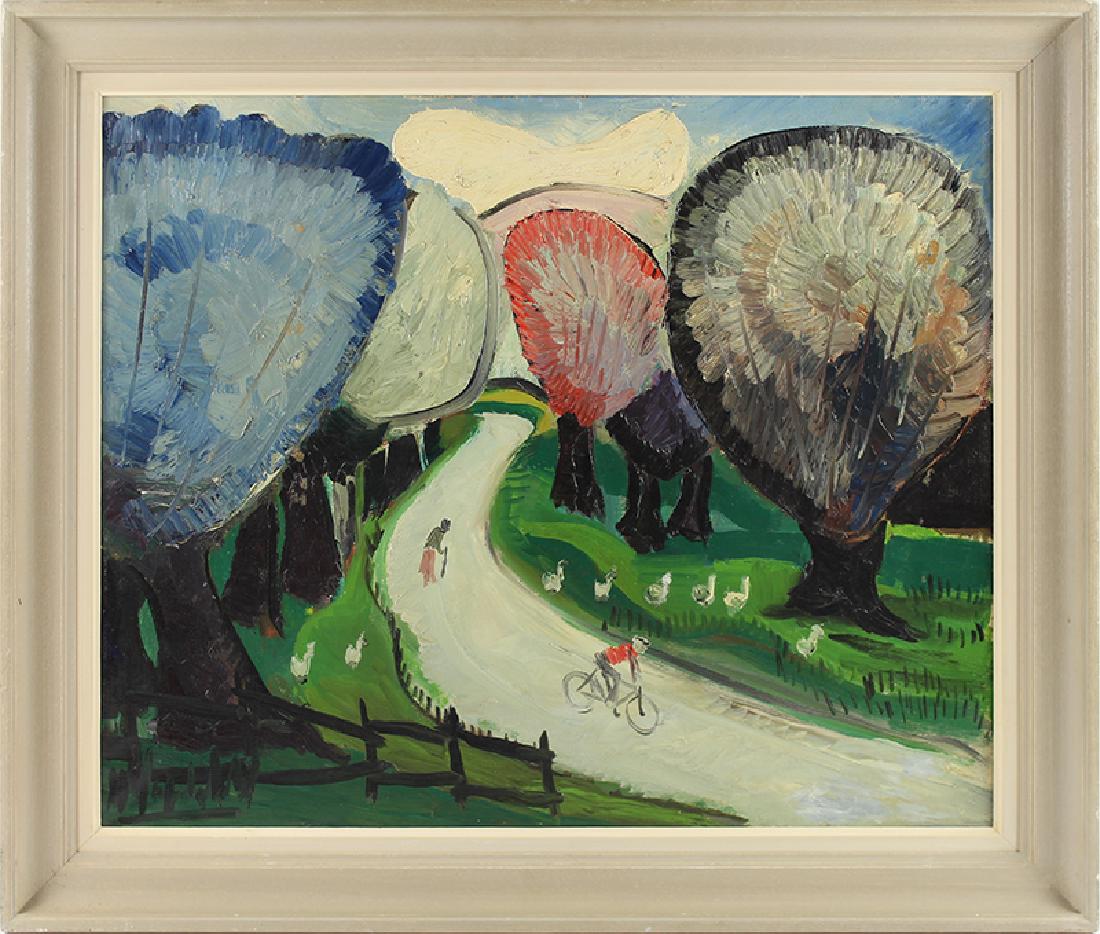 Manuel Capdevila Massana (1910-2006) Spanish: BICYCLE RIDER, oil painting on canvas, signed lower left, signed on verso, 21 x 25 ¾”, framed.