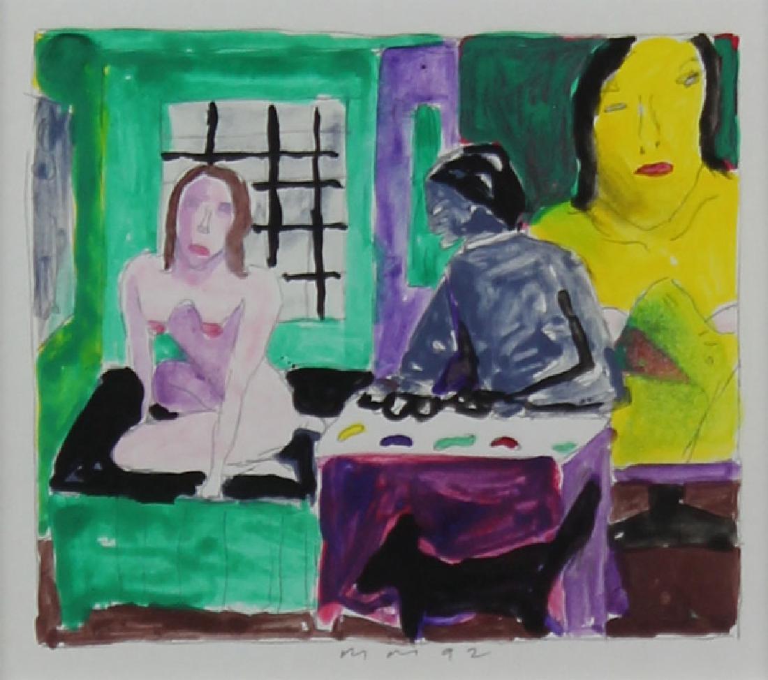 Martin Mull (b. 1943) American: STUDIO, 1992, watercolor on paper/card, initialed and dated lower center, image 3 ¾ x 4 ¼”, full margins, framed, retains Roy G. Biv & another label on verso.