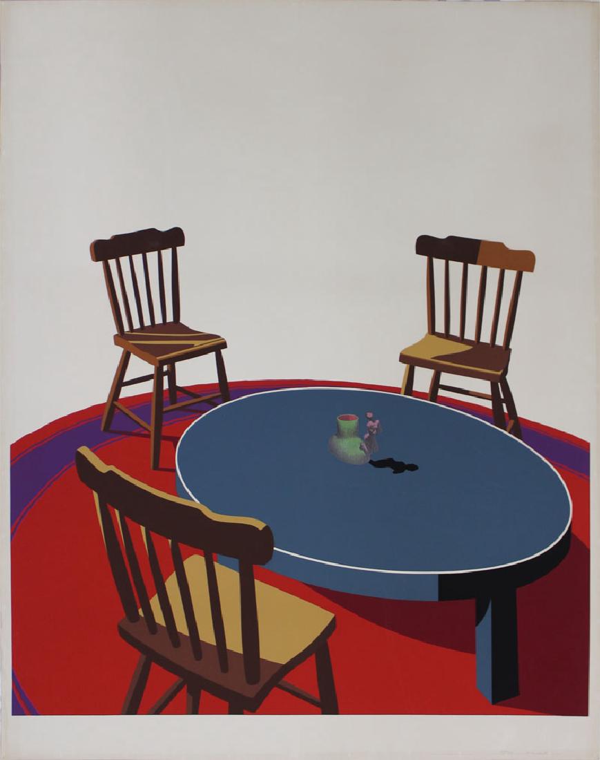 Ken Price (1935-2010) Californian: CHAIRS, TABLE, RUG, CUP (G.335), 1971, color screenprint, signed in pencil and numbered 24/75, sheet 51 ½ x 41 ½”, printed and published by Gemini G.E.L., with their blind stamp.