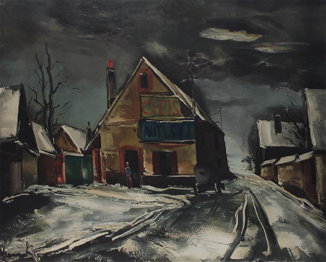 after Maurice De Vlaminck (1876-1958) French: VILLAGE SOUS LE NEIGE, c.1950, color heliography by Guy Spitzer with blind stamp lower left, signed in pen by Vlaminck, numbered 224/400 in pencil, image 24 ¼ x 30 ¼”, full margins, framed with gl