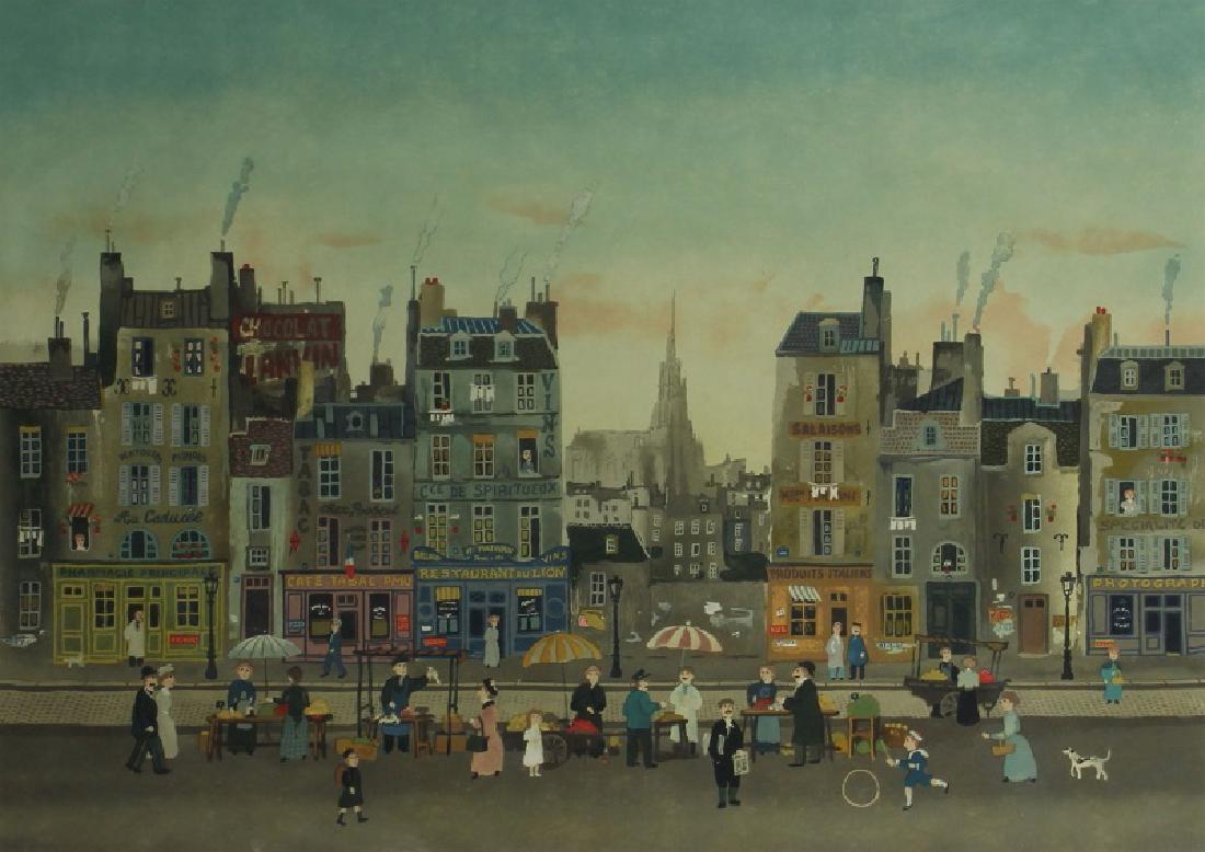 Michel Delacroix (b. 1933) French: RESTAURANT DU LION, color lithograph on Japan paper, signed in pencil, numbered LXXXI/CL (81/150), image 12 ½ x 17 ¼:”, full margins, framed with glass.