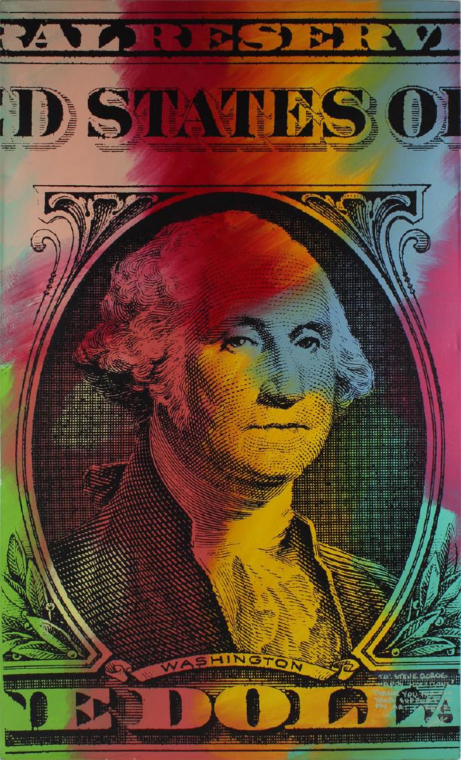 Steve Kaufman (1960-2010) New York/ Californian: WASHINGTON ONE DOLLAR, mixed media screenprint on canvas, signed and dedicated lower right, 45 x 27”.