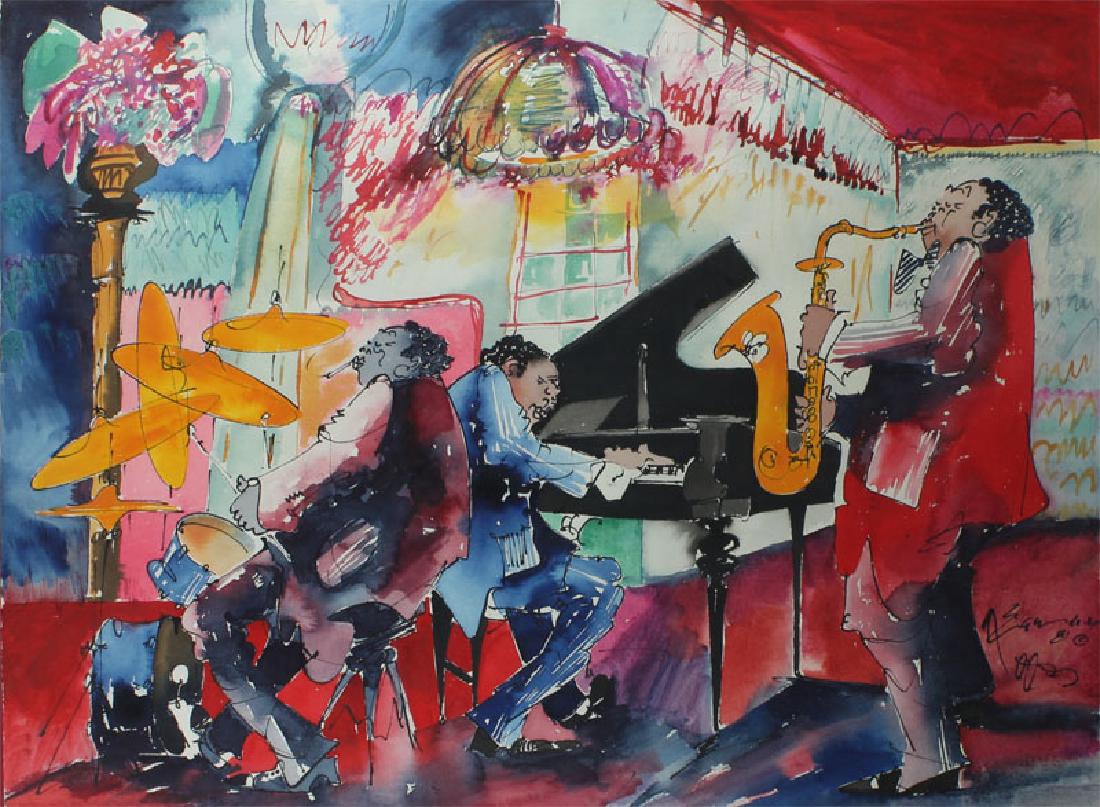 Leo Meiersdorff (1934-1994) New Orleans: JAZZ TRIO, 1981, watercolor on paper, signed and dated lower right, sheet 22 ½ x 30”, framed with glass.