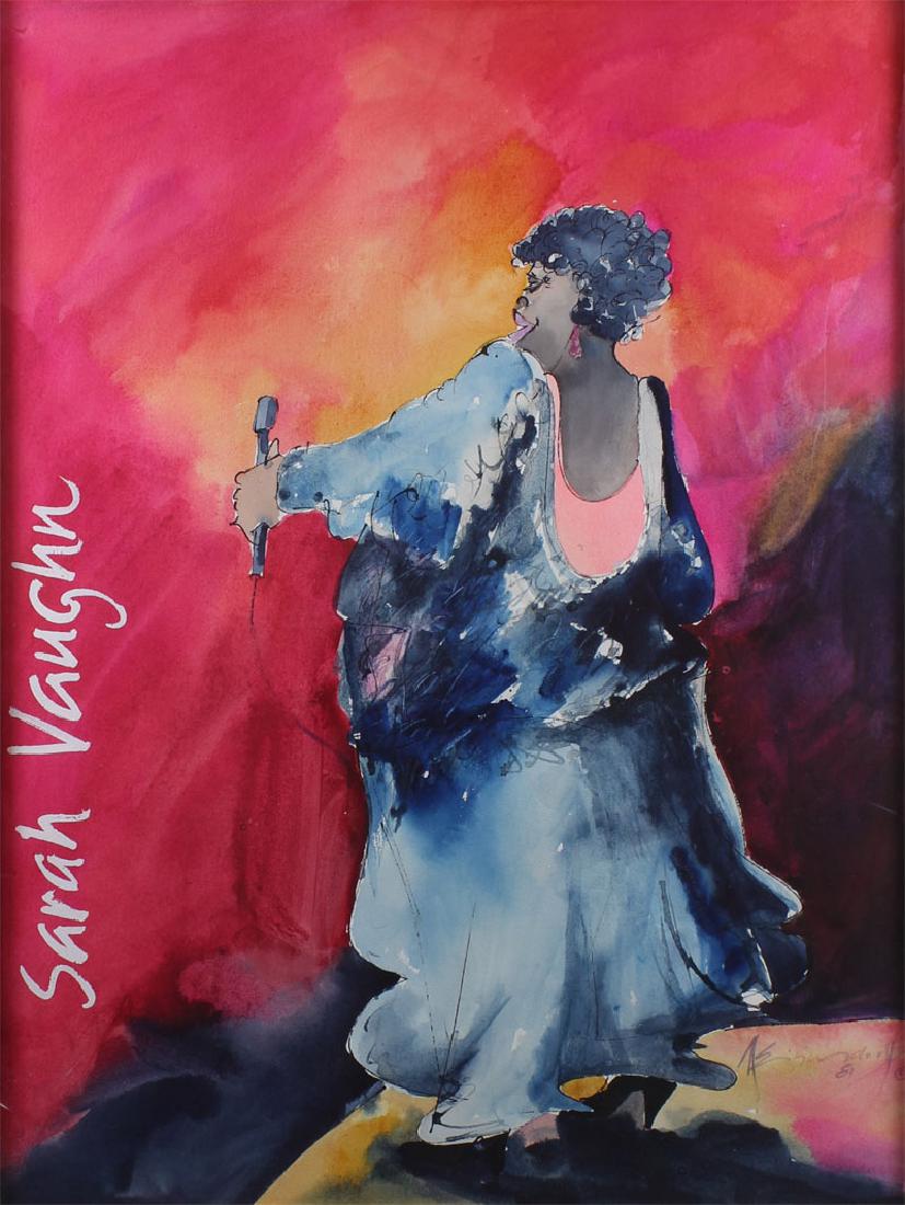 Leo Meiersdorff (1934-1994) New Orleans: SARAH VAUGHAN, 1981, watercolor on paper, signed and dated lower right, 29 x 22”, framed.