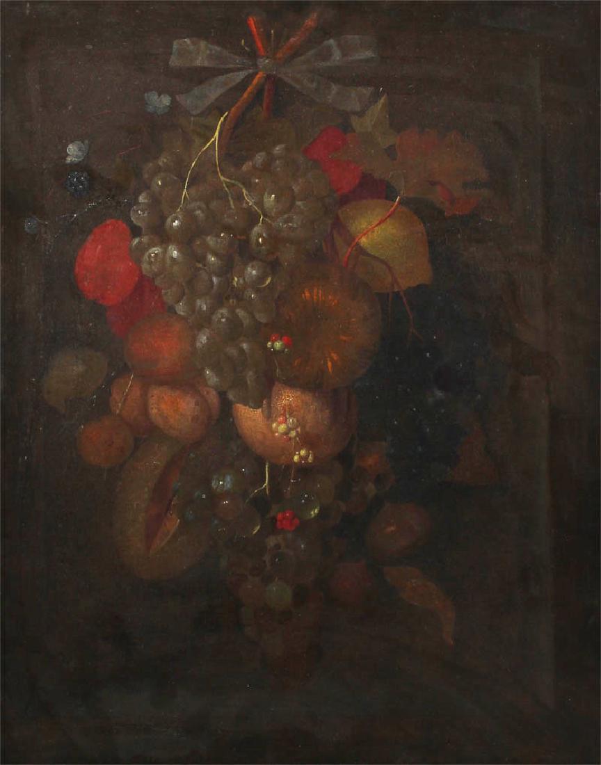 Follower of Abraham Mignon (1640-1679) German: STILL LIFE, oil painting on canvas, a signature not found, 24 ¼ x 19 ¾”, Szepmuveszeti Museum Budapest tags on verso, relined, framed.