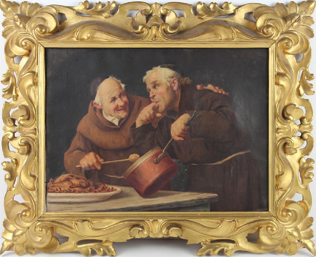 Alessandro Sani (1856-1927) Italian: FRIARS, oil painting on canvas, signed upper right, inscribed Italy 1913 on back stretcher bar, 11 ¾ x 15 ¾”, in ornate period frame.