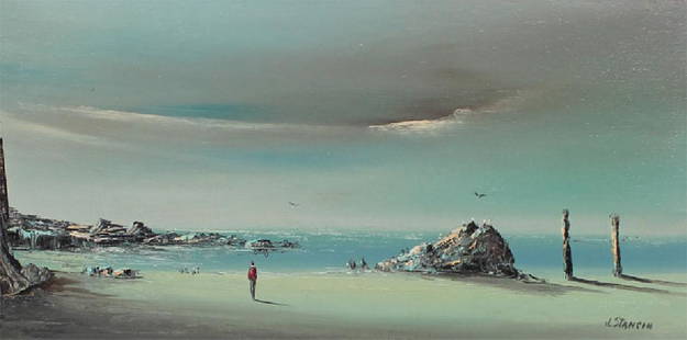 John Stancin (20th/ 21st Century) American: QUIET SEASIDE, oil painting on canvas, signed lower right, signed and titled on verso, 8 x 16”, retains Art Original Sherman Oaks label on verso, period frame