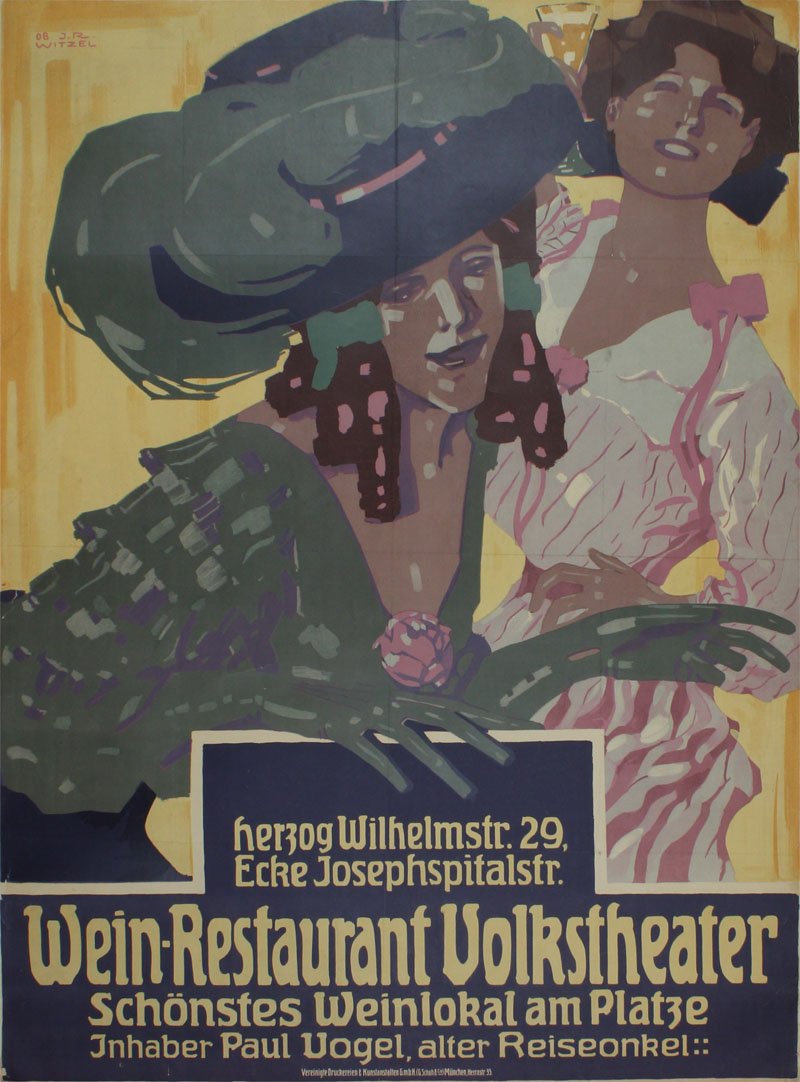 Josef Rudolf Witzel (1867-1925) German: WIEN, RESTAURANT VOLKSTHEATER, color lithograph poster, signature and date on stone, 49 x 35 ½”, with folds, linen-backed.