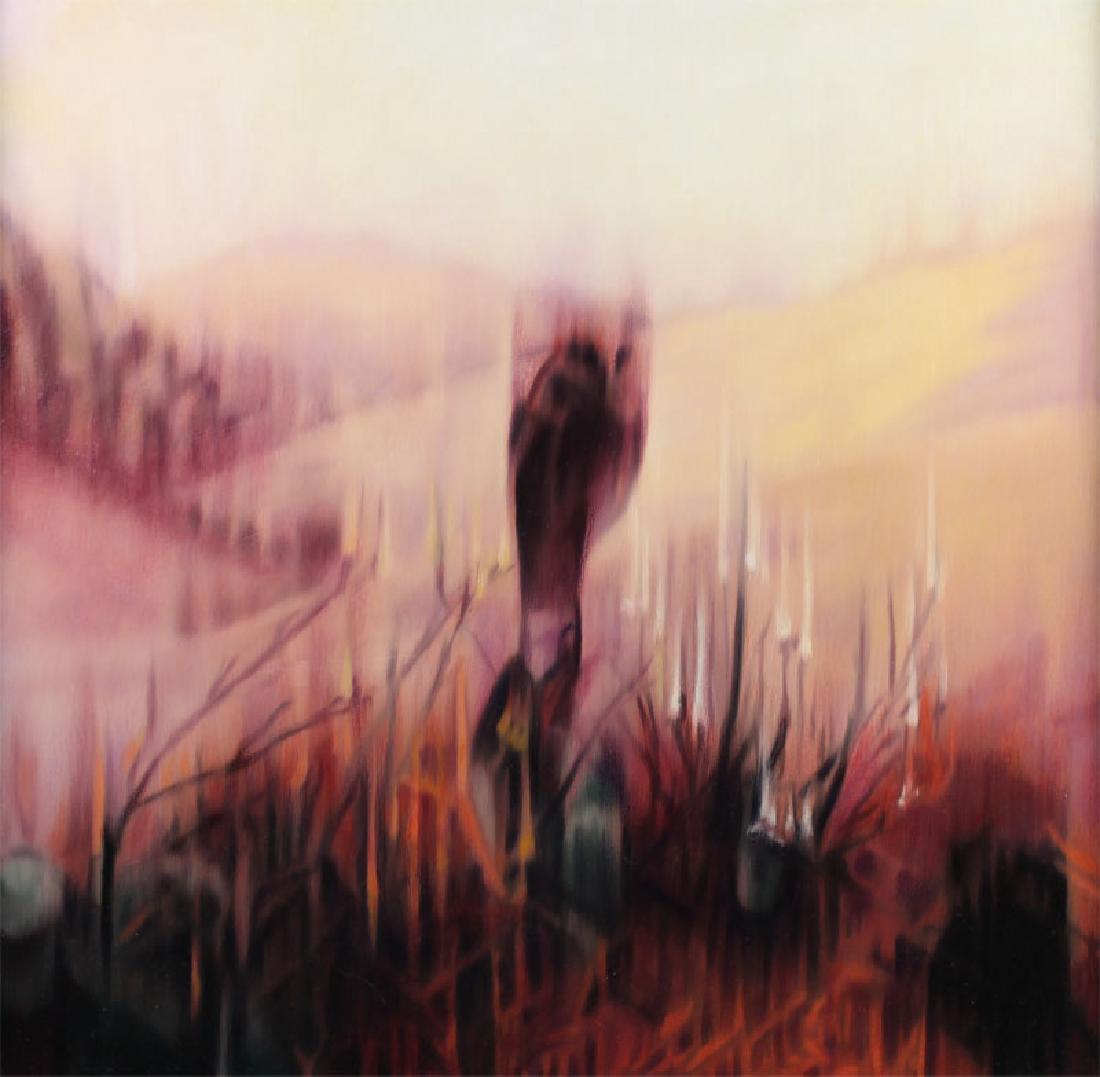 Matthew Brown (20th/ 21st Century): BIRD BY BACKYARD, 1995, oil painting on canvas, signed and dated on verso, 20 x 20 ½”, framed.