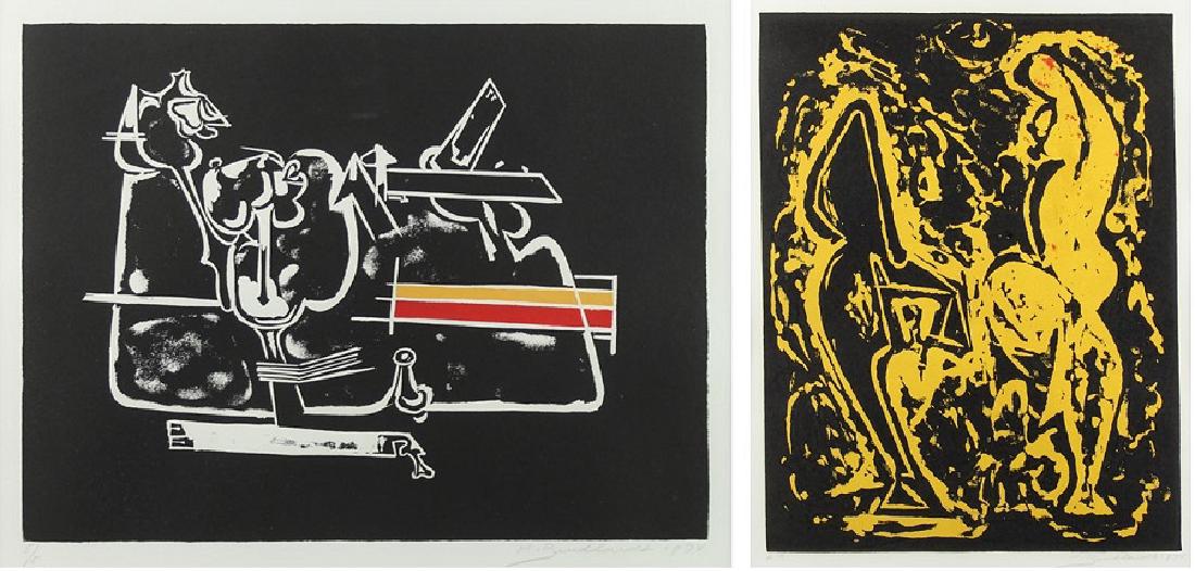 Hans Burkhardt (1904-1994) Californian (two): UNTITLED, 1974, two color linocuts, each signed and dated in pencil, one numbered 5/5 and the other inscribed AP (artist’s proof), images 10 x 13 ¼” & 15 ¾ x 12”, full margins, both framed. (2