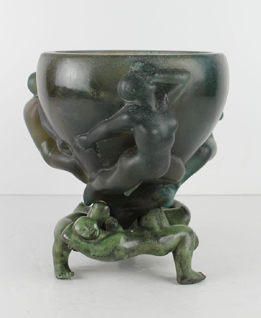 Daum Glass design by Marie-Odile Savigny: SONGE, 1986, color glass sculpture with bronze stand, signed and hallmarked and numbered 23/75, overall 9 ½ x 9 ½ x 9 ½”, with original box (worn and taped). Certificate of authenticity from Daum
