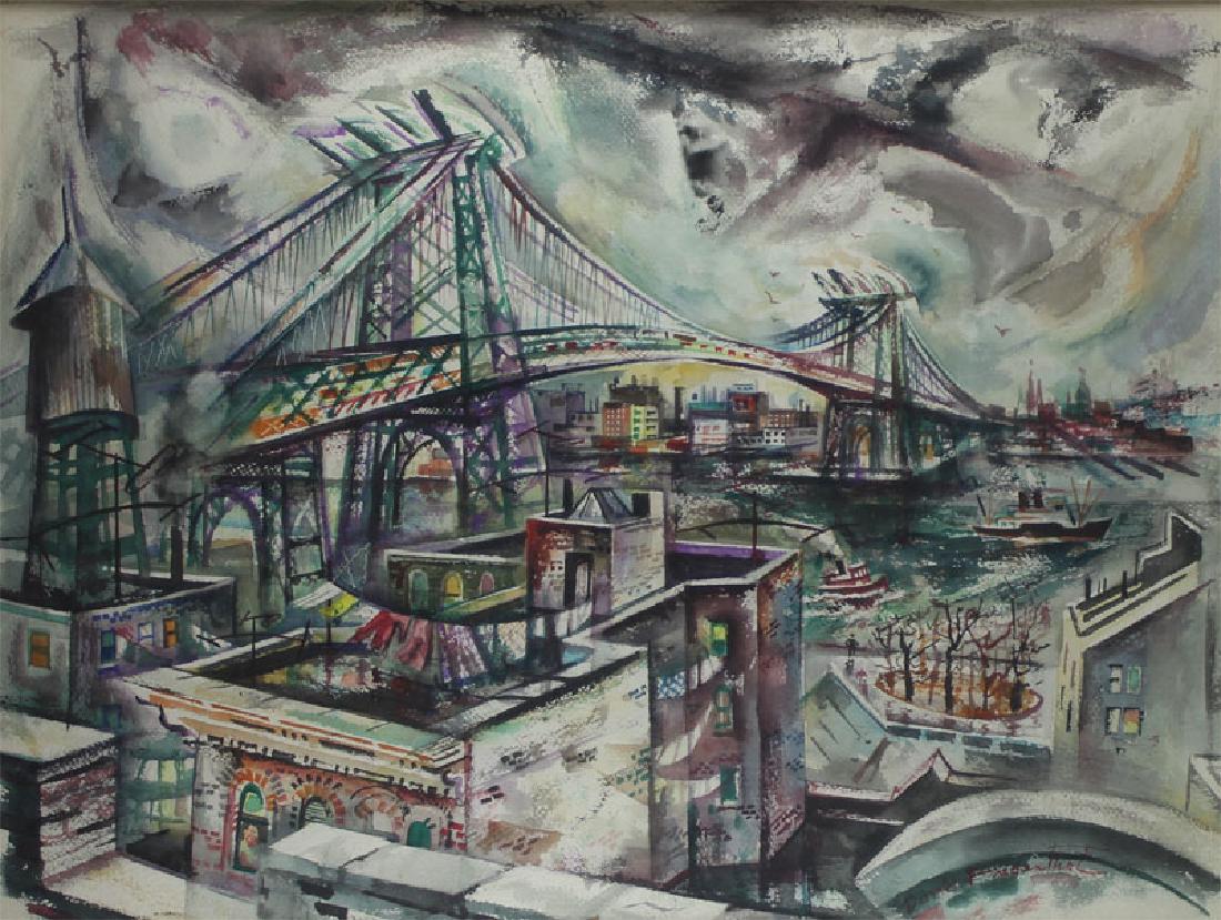 David Fredenthal (1914-1958) American: NEW YORK BRIDGE, watercolor on paper, signed lower right, site 22 x 30 ½”, discardable framed with glass.