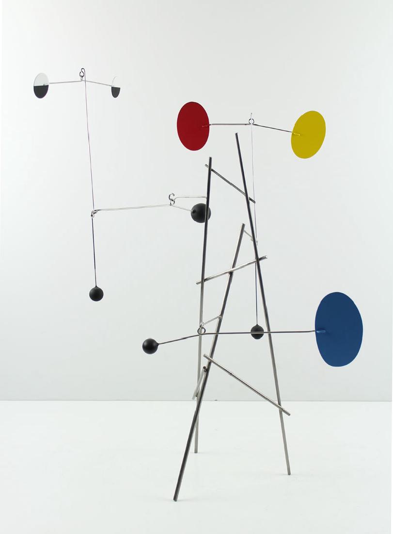 Brad Howe (b. 1959) Californian: UNTITLED, 2010, painted metal kinetic sculpture, 24 ½ x 16 x 16”, signed and dated on base of leg.