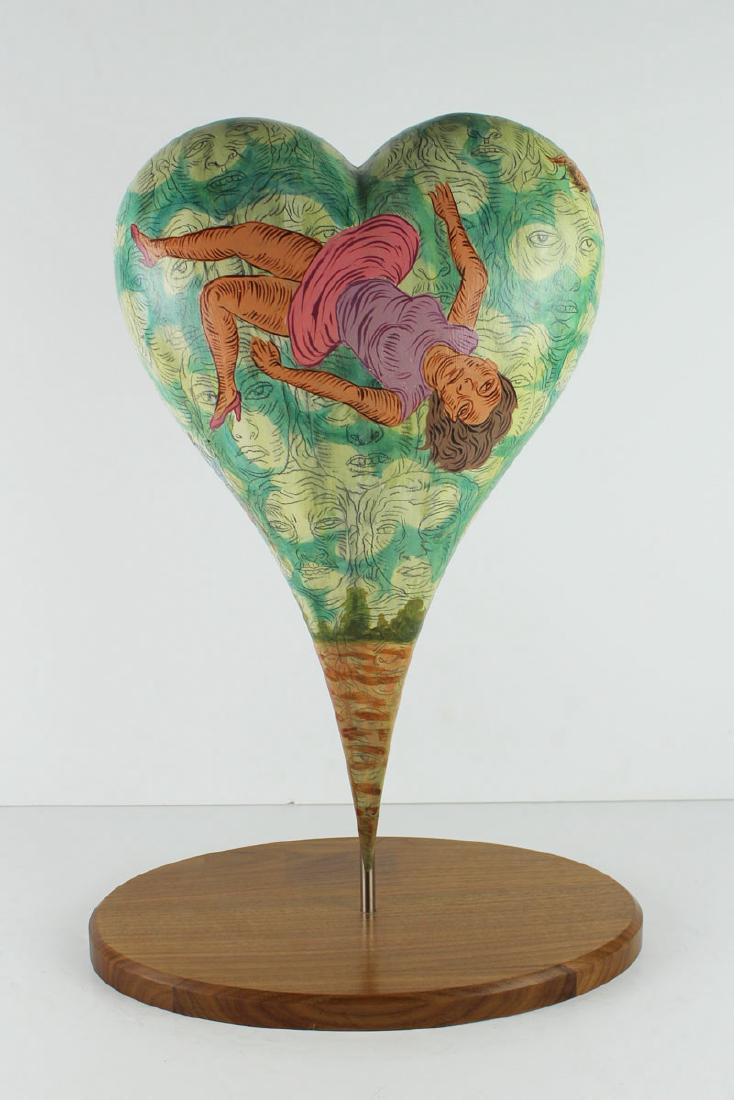 Jose Lozano (b. 1959) Californian: FOOLS 4 LOVE, 2014, acrylic painting and pencil on carved wood heart, signed dated titled lower verso, 21” tall with base.