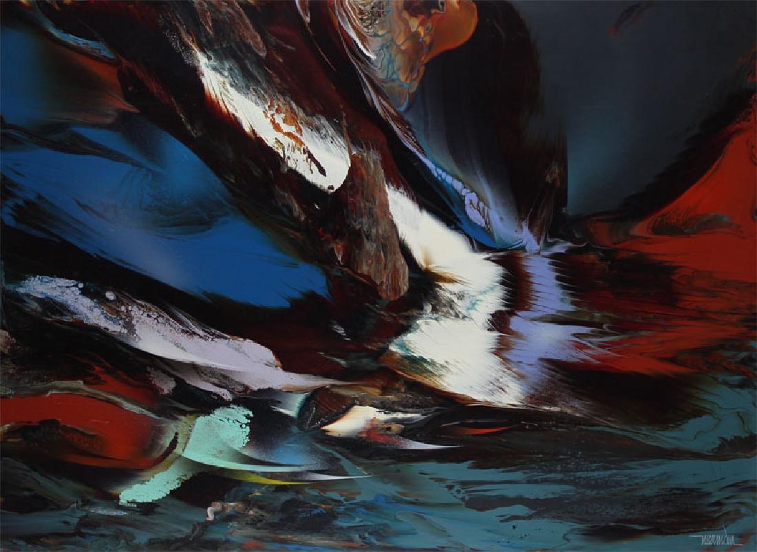Leonardo Nierman (b. 1937) Mexican: TEMPEST, acrylic painting on Masonite, signed lower right, 23 ¾ x 31 ½”, in original artist selected frame (needs to be refinished).