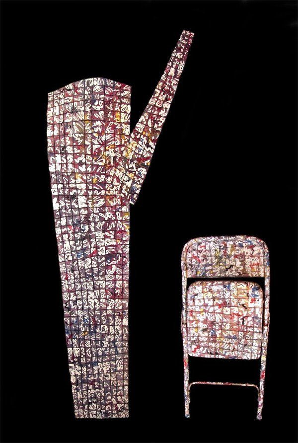 Joe Amrhein (b. 1953) American: CACTUS & CHAIR installation, 1983, painted ceramic tiles mounted to wood, 81 x 31", and metal chair, 37 ½" tall, both signed and dated recto or verso.