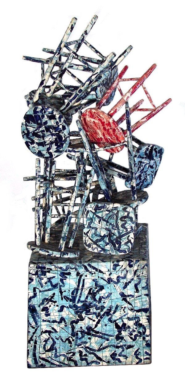 Joe Amrhein (b. 1953) American: STACK OF STOOLS, painted ceramic tiles mounted to wood stools and base, 75 x 38 x 34", signed.