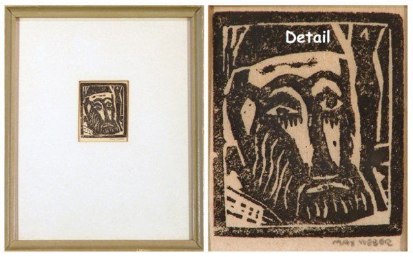 Max Weber (1881-1961) Polish/ American: HEAD, linoleum cut print, signed in pencil, image 2 ¼ x 2 ¼", full margins, framed with glass.
