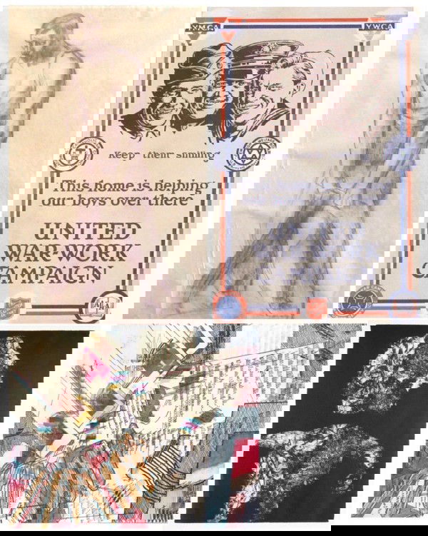 Andre Kormendi, World War I poster, John White, Ar: THE LABORER, Conte crayon drawing on buff paper, 23 ½ x 15", framed with glass, soft creases, tear center left edge; Together with WWI poster, THIS HOUSE IS YOUR HOUSE, c.1917, United War Work Campai