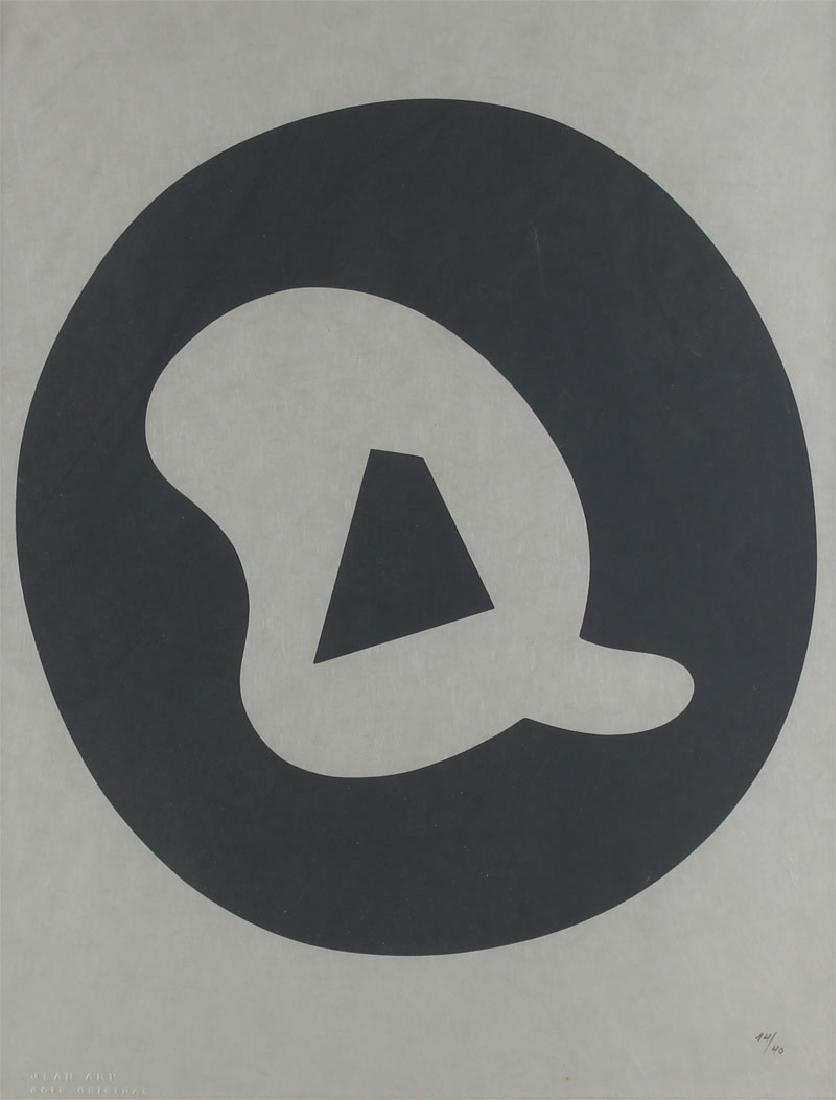 Jean Arp (1886-1966) Swiss: SOLEIL RECERCLE NO. 17 (A.268), 1962-66, color woodblock print on Japan paper, artist's blind stamp lower left, numbered 14/40, image 14 x 15", full margins, framed. Provenance: William Weston Gallery