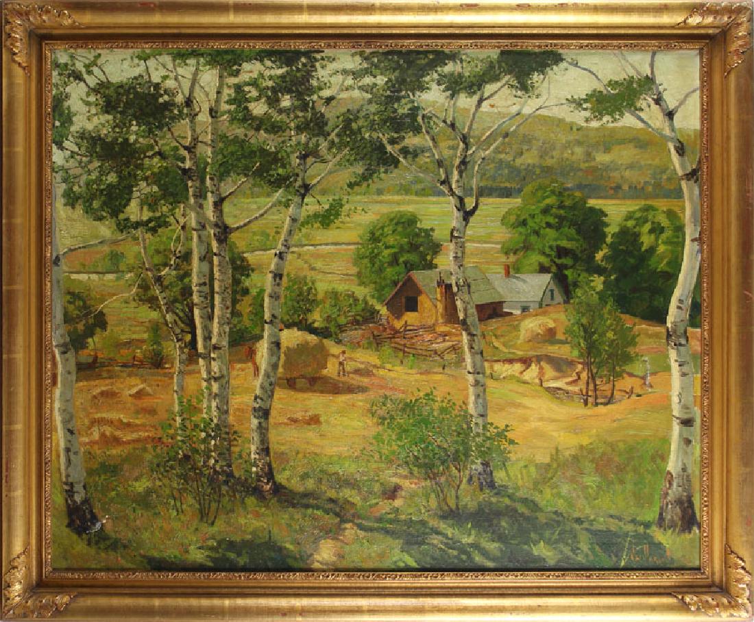 Artist Unidentified: GATHERING HAY, 1925?, oil painting on canvas, signed and dated, 25 1/2 x 30 1/2", label on back of frame.