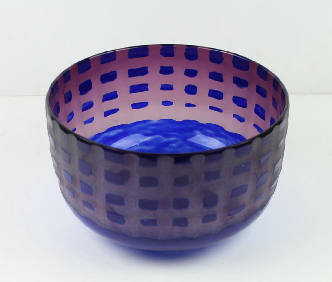 Decorative Glass: Christopher Williams (b. 1949): Blue cloud glass bowl with etched lattice pattern, signed and inscribed 5445 and titled underneath, 6 ½” tall, 10 ¾” diameter. From the collection of Richard N. Freedman, Santa Monica.