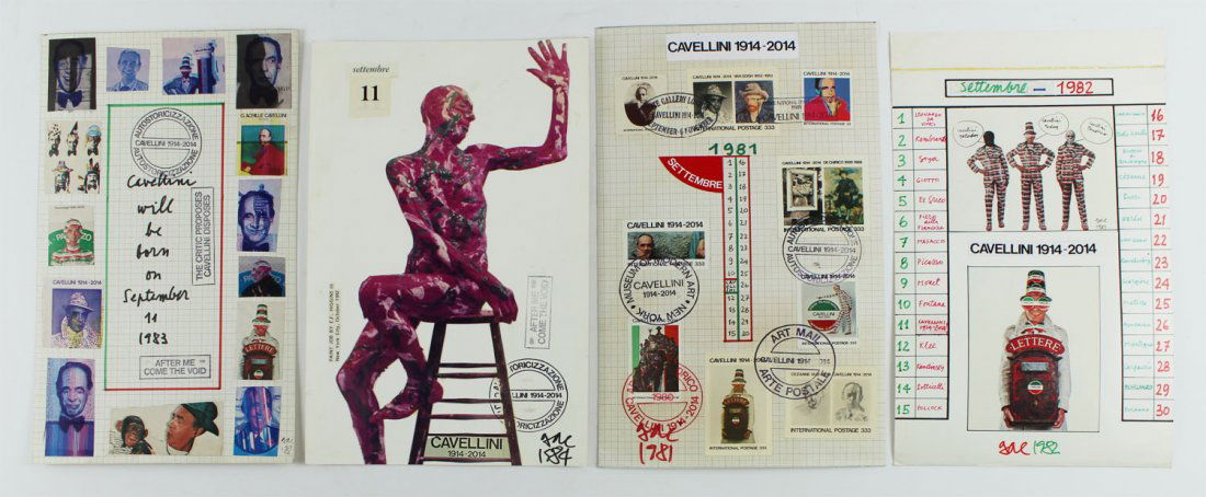 Mail Art by Achille Guglielmi Cavellini (1914-1990): UNTITLED, 1981-84, four mixed media collages on paper, each with signatures and dates in ink, two 14 x 8 ½” & two 13 ¾ x 8 ½”. (4)
