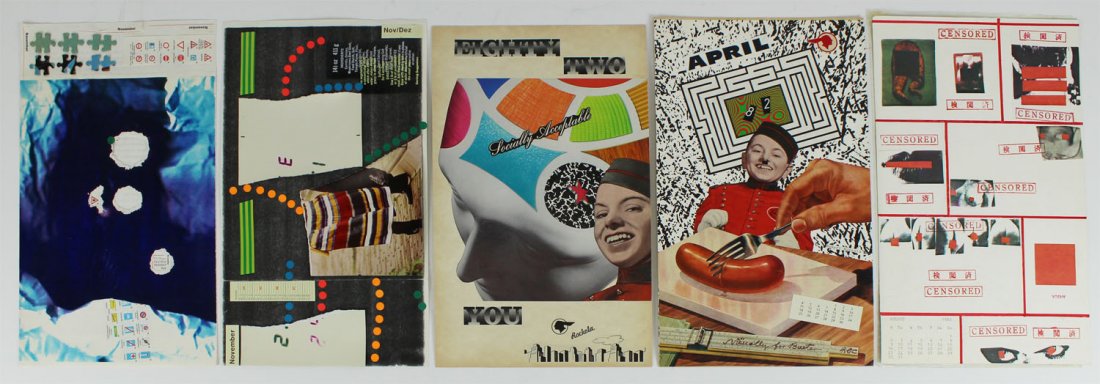 Mail Art by Jurgen Olbrich, Robert Rockola, & Yoshy: Jurgen Olbrich (b. 1955) German, NOVEMBER; NOV/DEZ, two mixed media collages on paper, each signed on verso, each 14 x 8 ¼”; Robert Rockola (20th/ 21st Century), APRIL; SOCIALLY ACCEPTABLE, 1982, t
