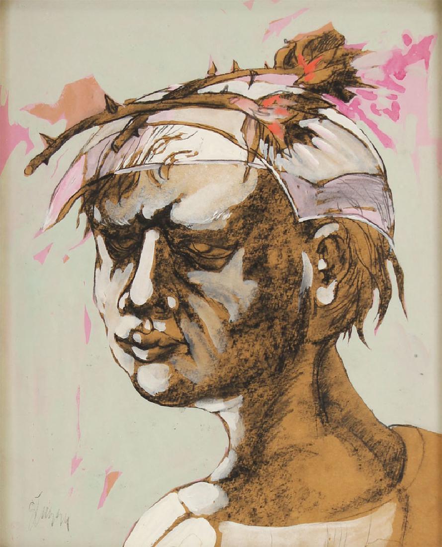 Jan Stussy (1921-1990) Californian: SUNDAY HAT, gouache and charcoal on paper, signed lower left, 15 ¾ x 13”, framed with glass.