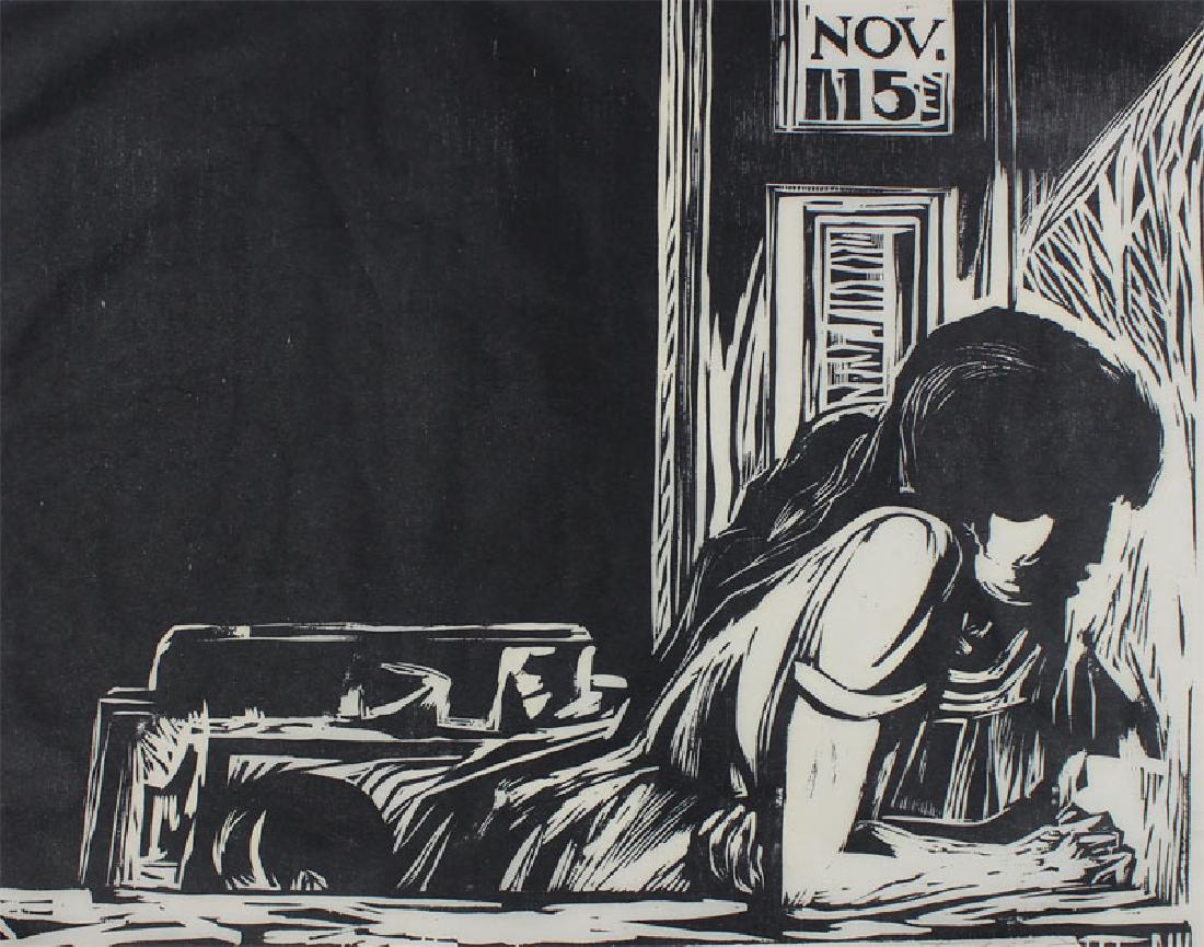 Artist Rafael Tufiño Figuer (1922-2008) Puerto Rican: LA VENTURA, 1964, woodcut, signed and dated and titled in pencil, numbered 50/200, Galeria Colibri blind stamp lower right, image 13 3/4 x 17 3/4", sheet 19 3/4 x 23 3/4".