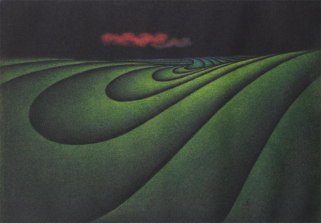 Kazuhisa Honda (b. 1948) Japanese: 102ND LANDSCAPE, color mezzotint, signed and titled in pencil, numbered 30/95, plate 6 3/4 x 9 1/2", sheet 15 x 18", matted. Note: Studied with Hamaguchi and Stanley William Hayter.