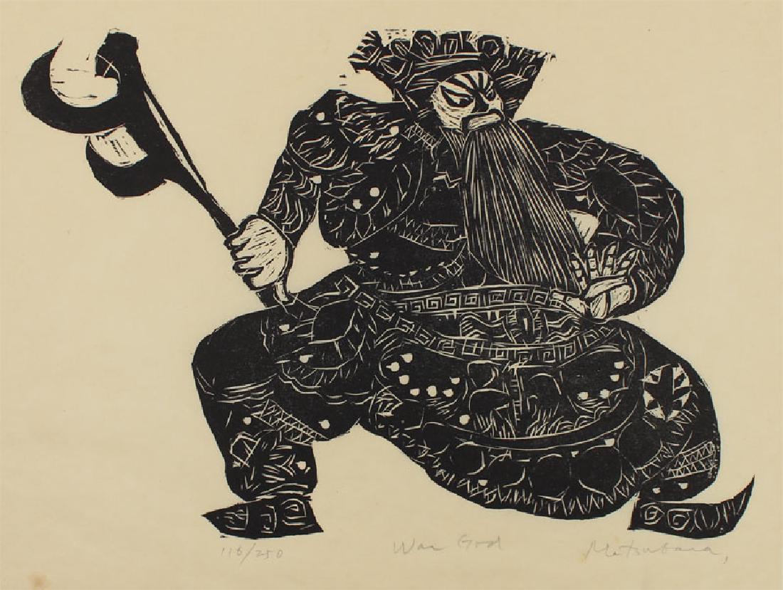Naoko Matsubara (b. 1937) Japanese/Canadian: WAR GOD, woodcut print, signed and titled in pencil, numbered 116/250, sheet 13 1/4 x 16 1/2", published by Associated American Artists, with certificate, unknown blind stamp lower left.