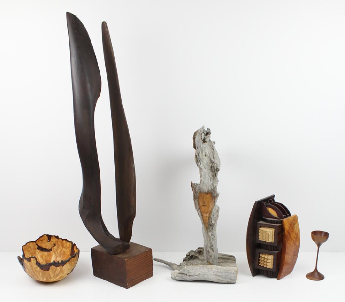 Artisan and Wood craft (five): Modernistic two-drawer box by Po Shun Leong, 1997, signed underneath, 10" tall; Hand-turned birch-burl bowl, signed Buz*** underneath, 8" diameter; Eucalyptus wine glass, 1989, signed and dated Amos u